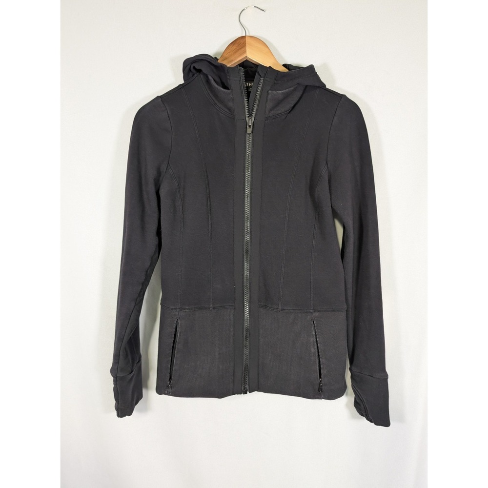 ATHLETA Black Poly Cotton Zip Front Fitted Workout Hoodie Jacket XS